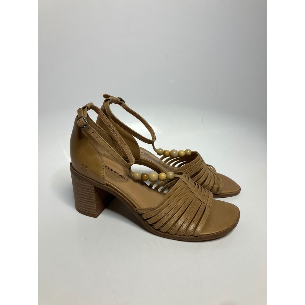 Lucky Brand Sylvesha beaded tan leather block heel sandals Y2K women's size 7